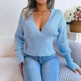 Women Autumn and Winter Hollow Short Sexy V-Neck Bat Sleeves Sweater Top