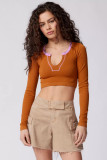 Women Casual Ribbed v-neck long-sleeved Top Crop T-shirt