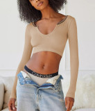 Women Casual Ribbed v-neck long-sleeved Top Crop T-shirt