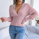 Women Autumn and Winter Hollow Short Sexy V-Neck Bat Sleeves Sweater Top