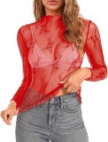 Women mesh long-sleeved floral embroidery See-Through Basic Top