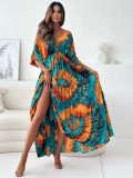 Women Autumn Long Sleeve Sexy V Neck Print Slit Dress