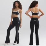 Women stretch contrast bra strap top and bell bottom long pants yoga sports two-piece suit