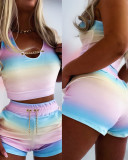 Women multi-color gradient sleeveless metal chain top and shorts two-piece suit