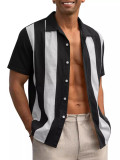 Summer Retro Contrast Stripe Patchwork Short Sleeve Shirt