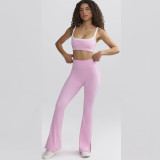 Women stretch contrast bra strap top and bell bottom long pants yoga sports two-piece suit