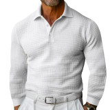 Men's Waffle Turndown Collar Button Long Sleeve Polo Shirt Casual T-Shirt