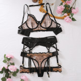 See-Through High Embroidery Contrast Color Bra Set Sexy Five-Piece Lingerie Set