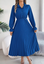 Autumn Winter Casual Turndown Collar Button Long Sleeve Slim Waist Pleated Women's Long Dress