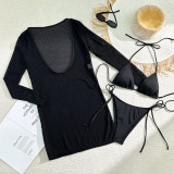 Solid Color Bikini Long Sleeve Mesh Dress Three-Piece Swimsuit