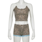 Sexy Women's Summer Leopard Home Wear Tight Fitting Strap Vest Contrast Shorts Two-Piece Set