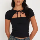 Street Fashion Short Top Women's Solid Color Hollow Lace-Up T-Shirt