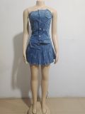 Women's Sexy Fashion Irregular Denim Strapless Top Pleated Skirt Two Piece Set