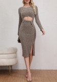 Spring And Autumn Knot Hollow Slim High Waist Long Sleeve Ribbed Knitting Bodycon Dress