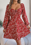 Autumn Winter Casual Sexy Lace-Up Square Neck Floral Long Sleeve A-Line Women's Dress