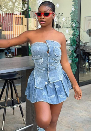 Women's Sexy Fashion Irregular Denim Strapless Top Pleated Skirt Two Piece Set