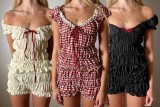 Plaid tie short-sleeved Top shorts slim casual two piece set