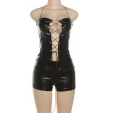 Summer high street sexy PU leather lace-up halter neck slim two piece shorts set