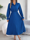 Autumn Winter Casual Turndown Collar Button Long Sleeve Slim Waist Pleated Women's Long Dress