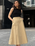 Khaki High Waist Career Long Skirt Autumn Fashion Women's Clothing