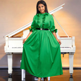 Ruffle Lantern Sleeve Pleated Belt Elegant Evening Dress