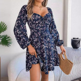 Autumn Winter Casual Sexy Lace-Up Square Neck Floral Long Sleeve A-Line Women's Dress