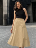 Khaki High Waist Career Long Skirt Autumn Fashion Women's Clothing