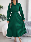 Autumn Winter Casual Turndown Collar Button Long Sleeve Slim Waist Pleated Women's Long Dress