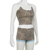 Sexy Women's Summer Leopard Home Wear Tight Fitting Strap Vest Contrast Shorts Two-Piece Set