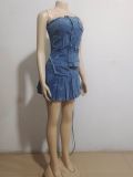 Women's Sexy Fashion Irregular Denim Strapless Top Pleated Skirt Two Piece Set