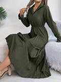 Autumn Winter Casual Turndown Collar Button Long Sleeve Slim Waist Pleated Women's Long Dress