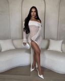 Women's Spring Summer Autumn Off Shoulder Long Sleeve Tight Fitting Mesh Slit Sexy Dress