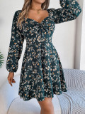 Autumn Winter Casual Sexy Lace-Up Square Neck Floral Long Sleeve A-Line Women's Dress