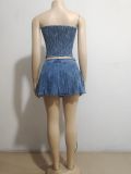 Women's Sexy Fashion Irregular Denim Strapless Top Pleated Skirt Two Piece Set