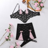 Summer Shaping Bra Set Contrast Color See-Through Lace Sexy Three-Piece Lingerie Set