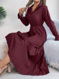 Autumn Winter Casual Turndown Collar Button Long Sleeve Slim Waist Pleated Women's Long Dress