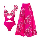 Petal Decoration One-Piece Swimsuit Long Skirt Women Holidays Set