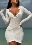 Solid Color Bikini Long Sleeve Mesh Dress Three-Piece Swimsuit