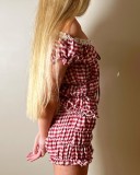 Plaid tie short-sleeved Top shorts slim casual two piece set