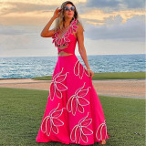 Petal Decoration One-Piece Swimsuit Long Skirt Women Holidays Set