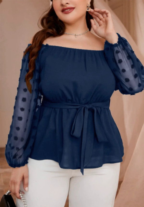 Sexy Plus Size Women Solid Color Off Shoulder Mesh Patchwork Chic Career Tops