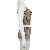 Sexy Women's Summer Leopard Home Wear Tight Fitting Strap Vest Contrast Shorts Two-Piece Set