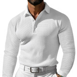 Men's Waffle Turndown Collar Button Long Sleeve Polo Shirt Casual T-Shirt