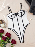 Sexy Lingerie Patchwork Stripes Low Back Hollow Strap Women's Bodysuit