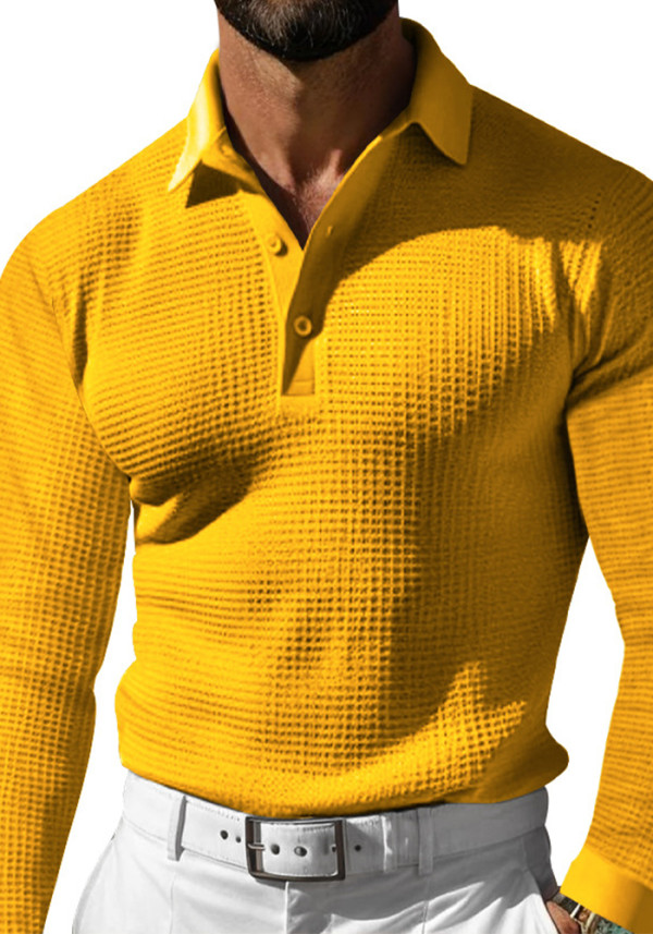 Men's Waffle Turndown Collar Button Long Sleeve Polo Shirt Casual T-Shirt