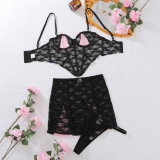 Summer Shaping Bra Set Contrast Color See-Through Lace Sexy Three-Piece Lingerie Set