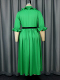 Ruffle Lantern Sleeve Pleated Belt Elegant Evening Dress