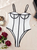 Sexy Lingerie Patchwork Stripes Low Back Hollow Strap Women's Bodysuit