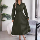 Autumn Winter Casual Turndown Collar Button Long Sleeve Slim Waist Pleated Women's Long Dress