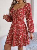 Autumn Winter Casual Sexy Lace-Up Square Neck Floral Long Sleeve A-Line Women's Dress